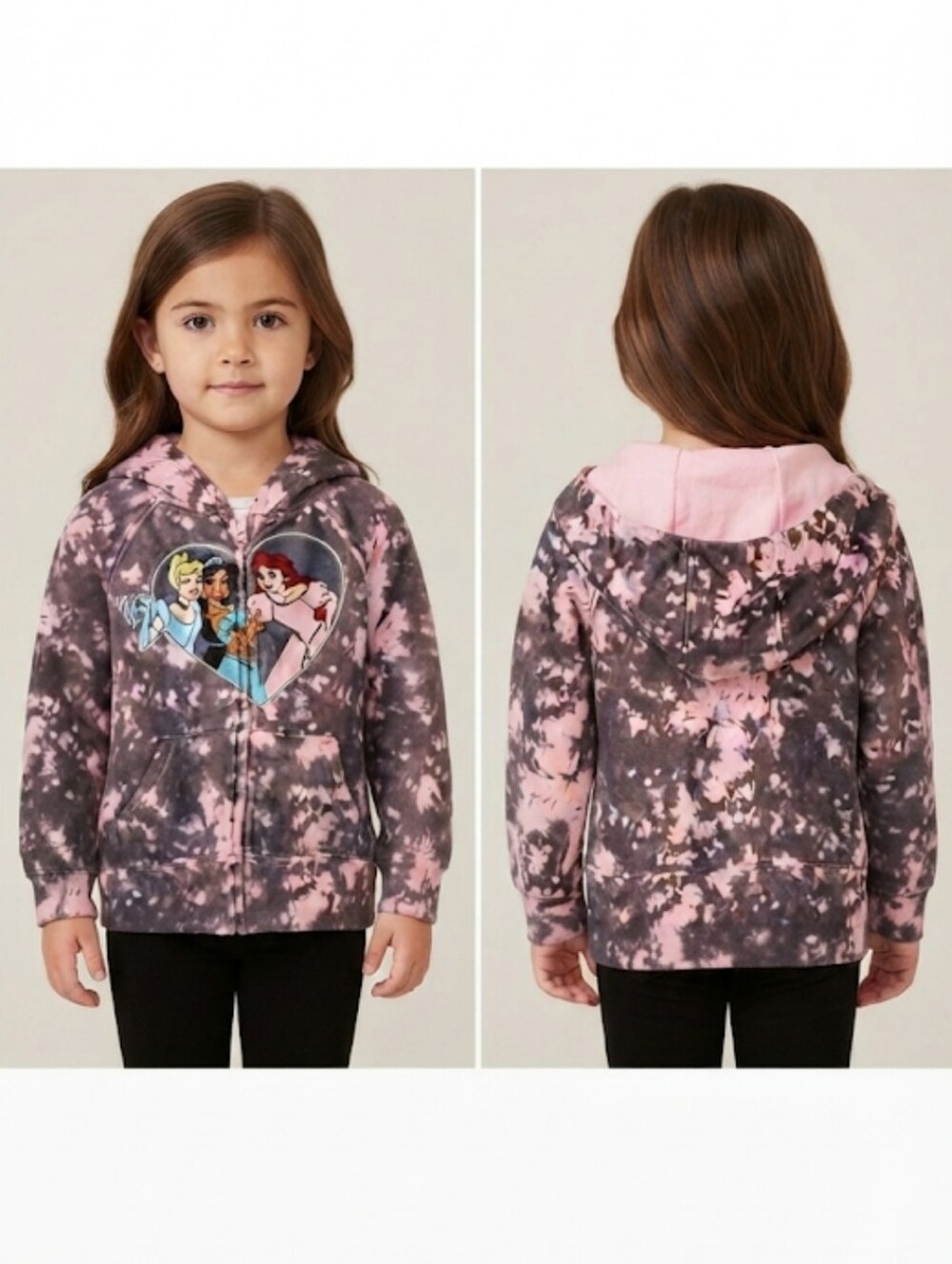 Disney Princess Girls Grey Pink Tie Dye Full Zip Hoodie Sweatshirt Size 4T